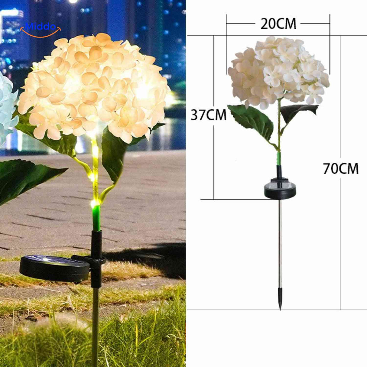 Yellow hydrangea solar lantern with 70cm height for garden path illumination.