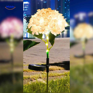 Yellow hydrangea solar-powered garden lamp with weatherproof design.
