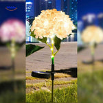 Yellow hydrangea solar-powered garden lamp with weatherproof design.