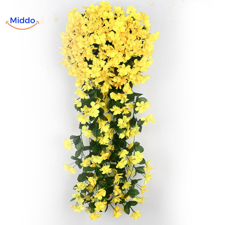 Yellow artificial orchid flowers with full cascading arrangement.