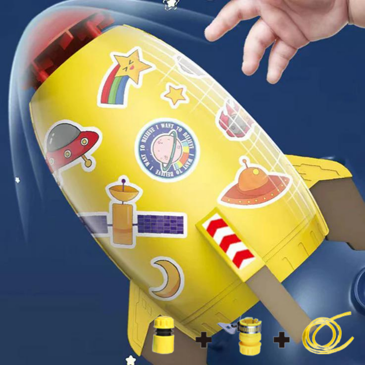 Yellow SplashRocket sprinkler showing rocket stickers and design details.