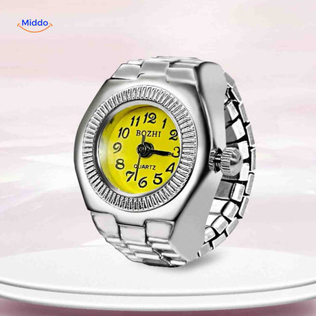 Yellow round ring watch with quartz movement and vibrant fashion style.