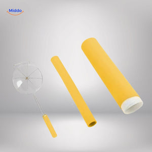 Yellow silicone handle protector provides safe grip and heat protection.