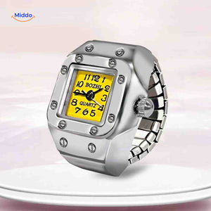 Yellow square ring watch with adjustable fit and geometric design.
