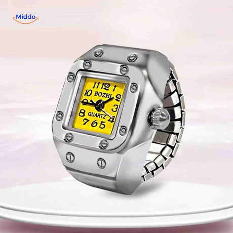 Yellow square ring watch with adjustable fit and geometric design.