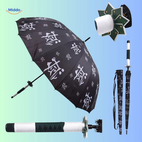 ZenBrella black umbrella with white anime characters and green handle grip