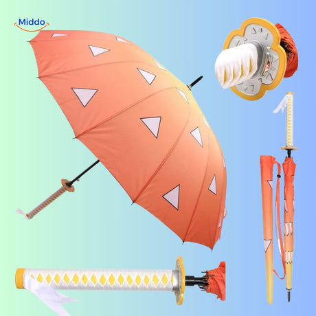 ZenBrella green and black checkerboard umbrella with anime-style sword handle