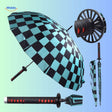 Folded ZenBrella parasol with red pattern and blue-white handle detail