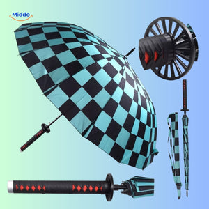 Folded ZenBrella parasol with red pattern and blue-white handle detail