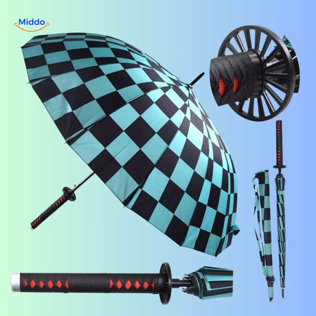 Folded ZenBrella parasol with red pattern and blue-white handle detail