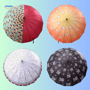ZenBrella orange umbrella with white triangle pattern and anime sword-style handle