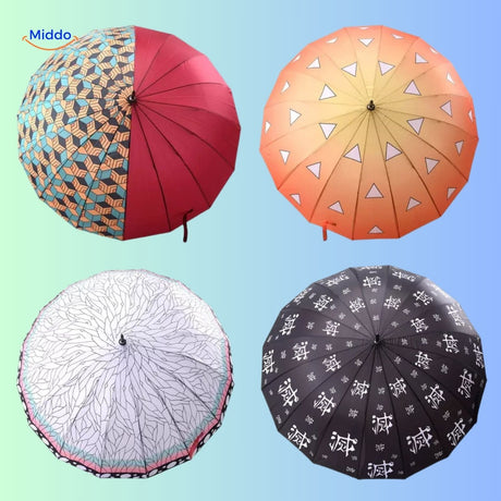 ZenBrella orange umbrella with white triangle pattern and anime sword-style handle
