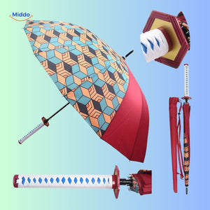 ZenBrella red umbrella with geometric pattern and sword-style grip