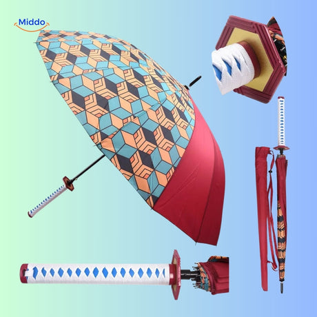 ZenBrella red umbrella with geometric pattern and sword-style grip
