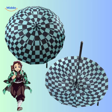 Overhead view of ZenBrella green and black anime umbrella with character illustration