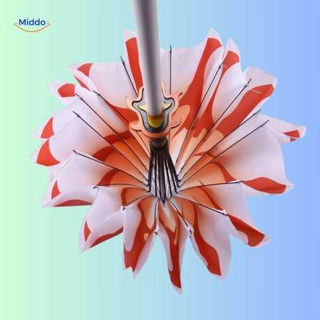 ZenBrella white parasol with vibrant orange flame-inspired print pattern