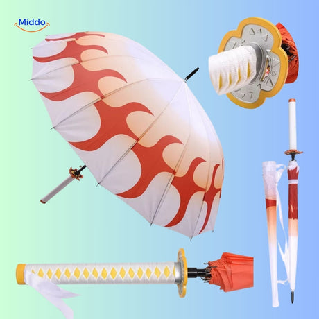 ZenBrella white umbrella with orange flame print and sword-like handle