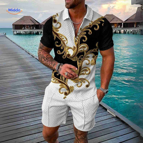 Zippora luxury baroque white, black and gold patterned zip shirt set.