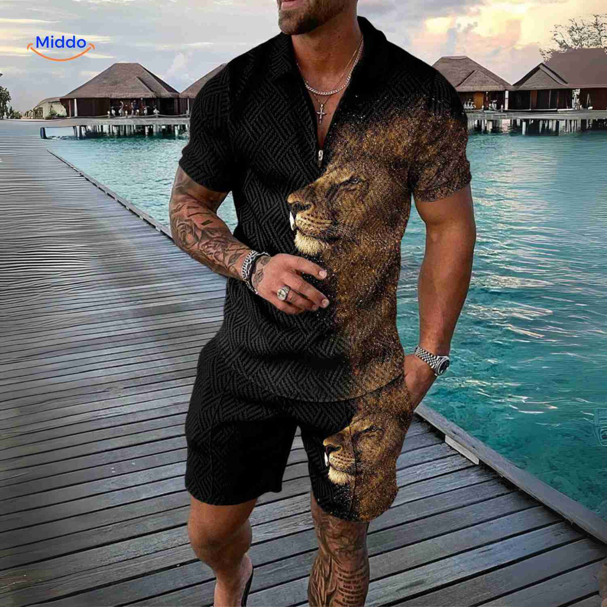 Zippora black lion print two-piece summer outfit for men.
