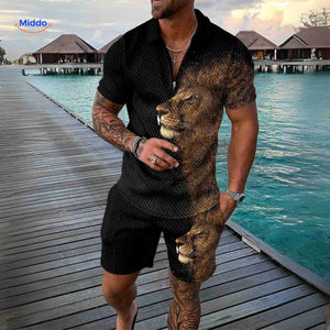 Zippora black lion print two-piece summer outfit for men.