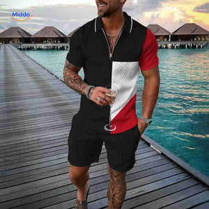 Zippora black, white and red contrast modern zip shirt and shorts.