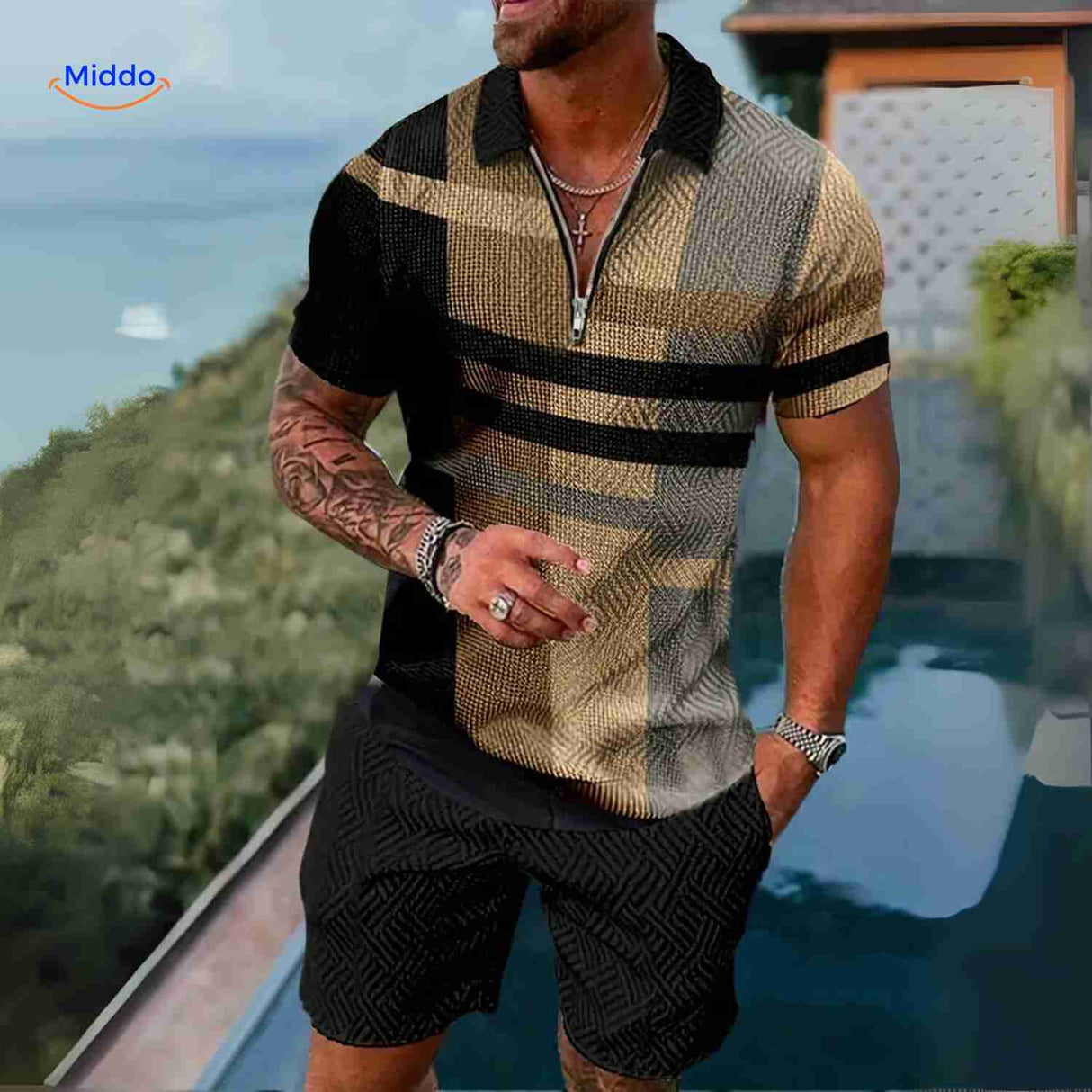 Zippora plaid gold and black modern stylish zip shirt outfit.