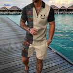 Zippora retro beige smiley pattern mix zip shirt and shorts.