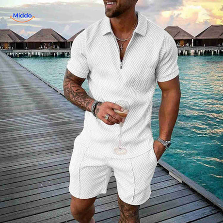 Zippora white textured classic elegant zip shirt and shorts set.