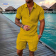 Zippora yellow knit zip shirt and matching shorts with breathable fabric.