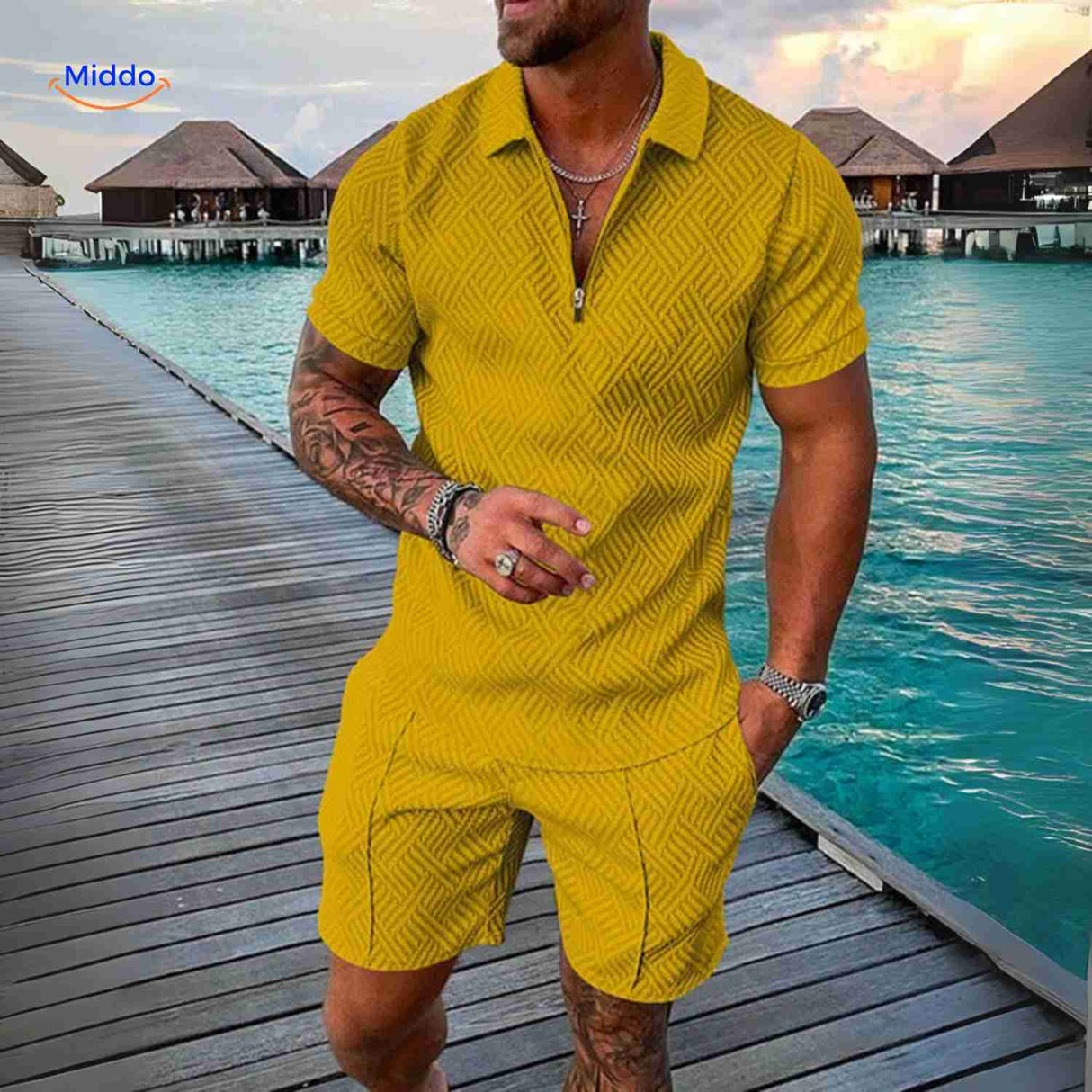 Zippora yellow knit zip shirt and matching shorts with breathable fabric.