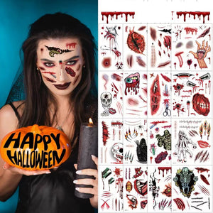 Zombie makeup horror temporary tattoo effect for complete Halloween costume.