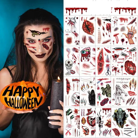 Zombie makeup horror temporary tattoo effect for complete Halloween costume.