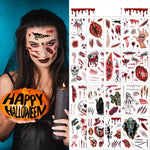 Zombie makeup horror temporary tattoo effect for complete Halloween costume.