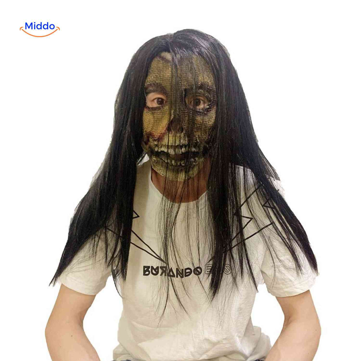 Horror zombie mask with long black hair and green face for undead look.