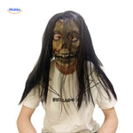 Horror zombie mask with long black hair and green face for undead look.