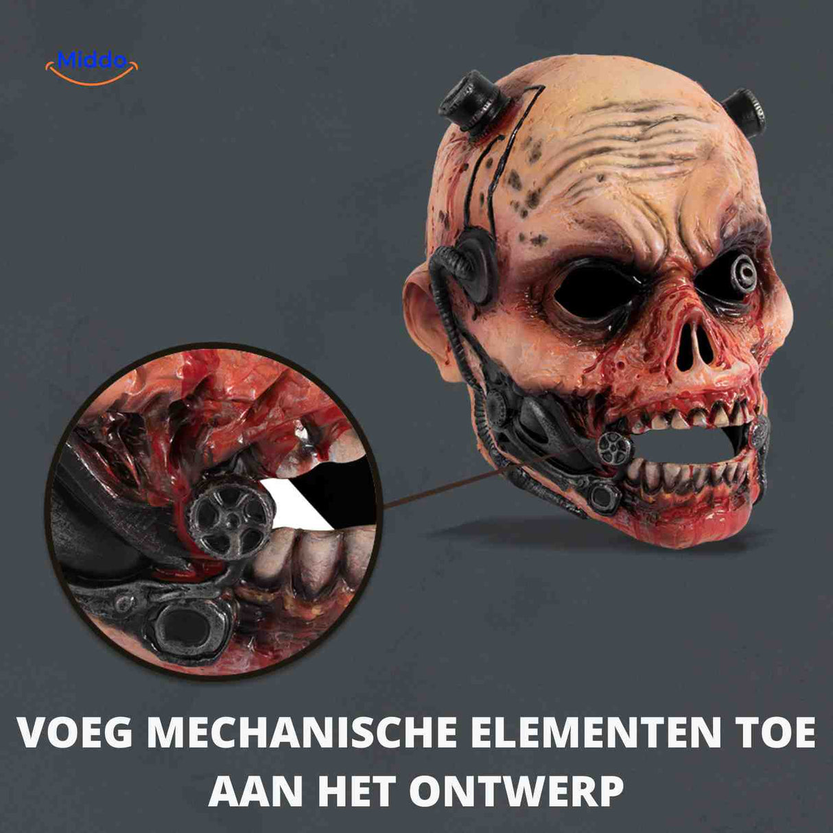Zombie mask with dramatic hollow eyes and terrifying facial expression details.