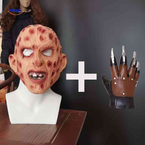 Detailed view of zombie mask with red spots and claw glove hand display.