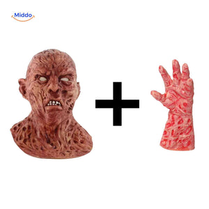 Zombie mask with white eye makeup held in a hand without claws.