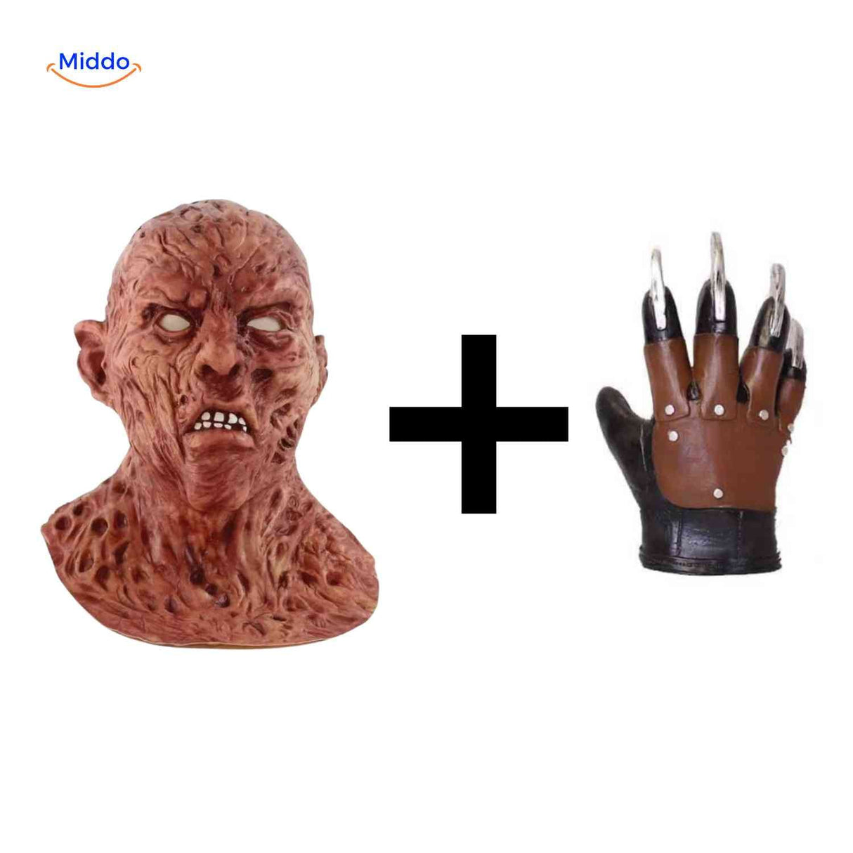 Zombiora mask with striking white eyes displayed with claw gloves.